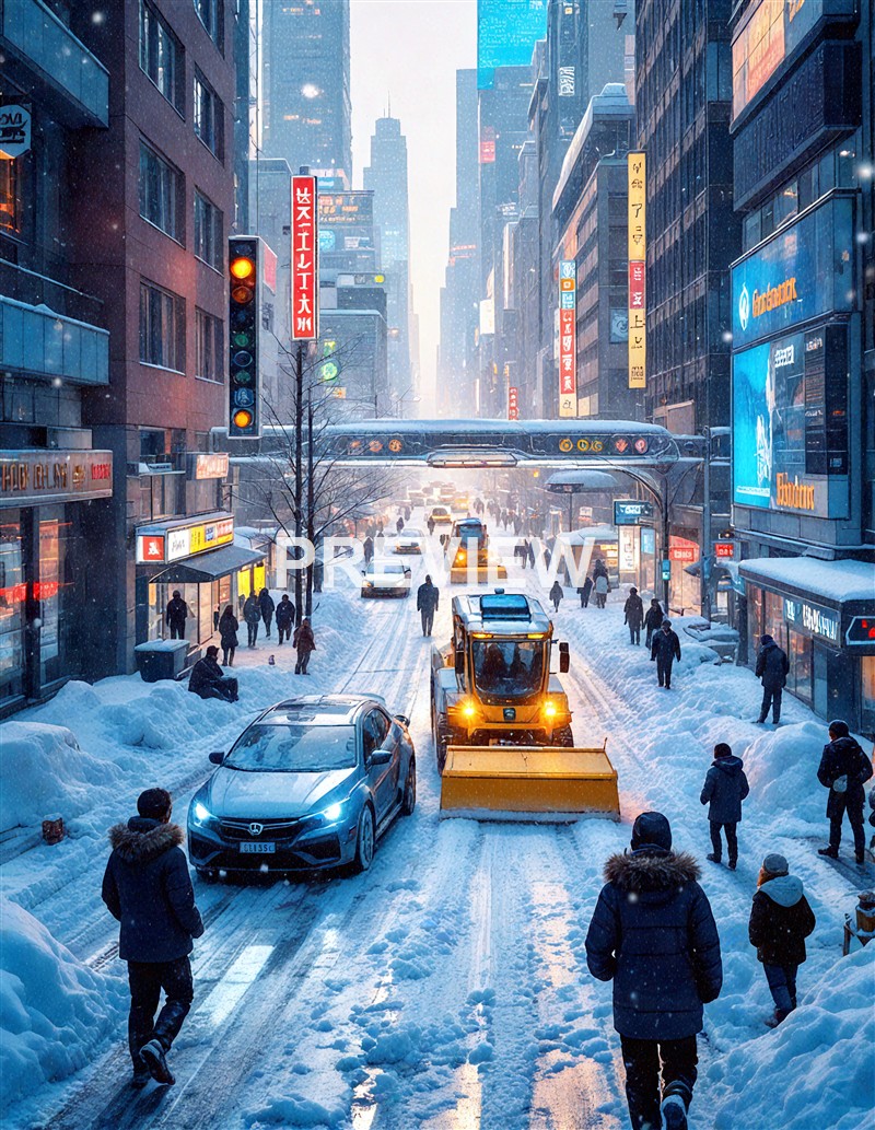 A busy city street covered in snow with pedestrians walking, cars and a snowplow clearing the road, and tall buildings with illuminated signs lining the street.